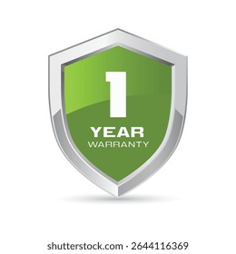 1 year warranty silver metal shield in green color. One year warranty shield vector illustration. Metallic security badge.