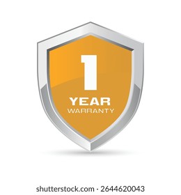1 year warranty silver metal shield in orange color vector illustration. One year warranty logo.