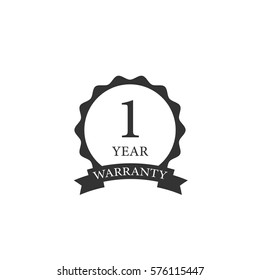 1 year warranty word on circle jagged edge and ribbon badge vector. Minimalist style, black and white color.