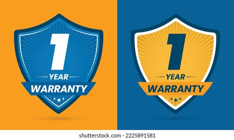 1 Year warranty in yellow and Blue background. 1 Year warranty logo. 1 Year warranty badge. 