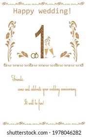 
 1 year wedding anniversary greetings. Gold abstract decorative frame. Ornate patterns with flowers. Used for wedding invitations, postcard decoration, text 

