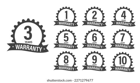 1 Years to 10 years warranty label icon set. dark grey in color