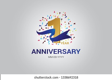 1 years anniversary blue ribbon celebration logotype. anniversary logo with golden and Spark light white color isolated on black background, vector design for celebration, invitation card-vector