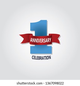 1 years anniversary blue ribbon celebration logotype. 1st anniversary logo with Red text and Spark light white color isolated on black background, vector design for celebration, invitation vector