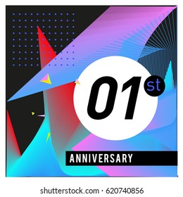 1 years Anniversary Celebration Design Template. Colorful Greeting Card Design with Gradient and Dynamic Effect. First Birthday Party Poster and Celebration