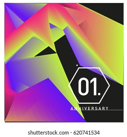 1 years Anniversary Celebration Design Template. Colorful Greeting Card Design with Gradient and Dynamic Effect. First Birthday Party Poster and Celebration