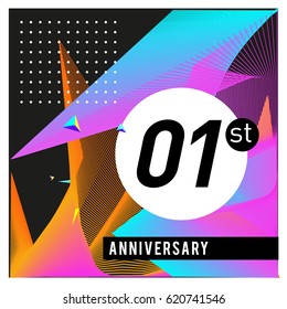1 years Anniversary Celebration Design Template. Colorful Greeting Card Design with Gradient and Dynamic Effect. First Birthday Party Poster and Celebration
