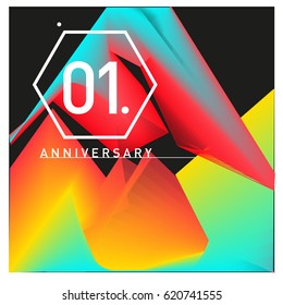1 years Anniversary Celebration Design Template. Colorful Greeting Card Design with Gradient and Dynamic Effect. First Birthday Party Poster and Celebration