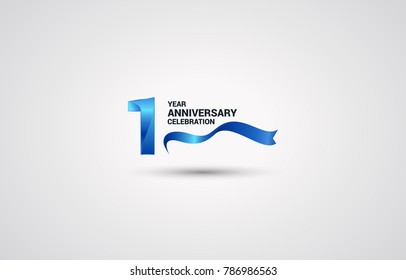 1 Years Anniversary celebration logotype colored with shiny blue, using ribbon and isolated on white background