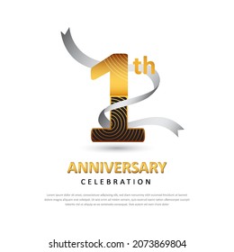 1 aniversario de la plantilla de logotipo creativo con cinta. Plantilla de afiches para Celebrar el 1º evento. Diseño para banner, revista, folleto, web, invitación o tarjeta de saludo. Ilustración del vector