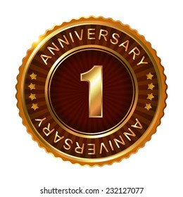 1 years anniversary golden brown label. Vector illustration.