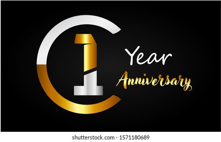 1 years anniversary golden and silver color with circle ring isolated on black background for anniversary celebration event