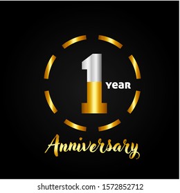 1 years anniversary golden and silver color with circle ring isolated on black background for anniversary celebration event