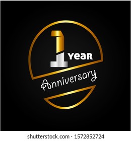 1 years anniversary golden and silver color with circle ring isolated on black background for anniversary celebration event