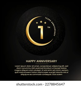 1 years anniversary with a half moon, stars, glitter and editable speech text. Golden half moon anniversary banner template with a golden number