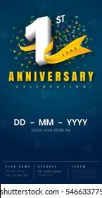 1 years anniversary invitation card - celebration template 
design , 1st anniversary modern design elements, dark blue 
background - vector illustration