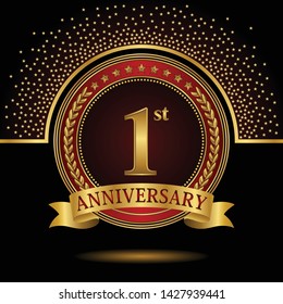 1 years anniversary logo celebration with ring and ribbon, on dark background, vector template.