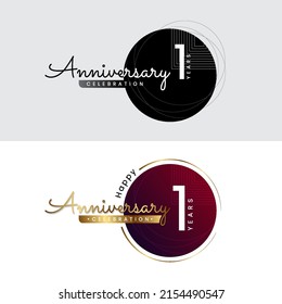 1 years anniversary logo with creative circle element. Poster template for Celebrating 1th event. Design for banner, magazine, brochure, web, invitation or greeting card. Vector illustration