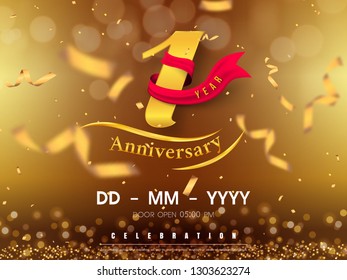 1 years anniversary logo template on gold background. 1st celebrating golden numbers with red ribbon vector and confetti isolated design elements