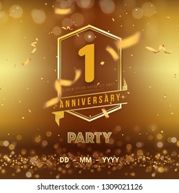 1 years anniversary logo template on gold background. 1st celebrating golden numbers with red ribbon vector and confetti isolated design elements