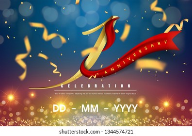 1 years anniversary logo template on gold and blue background. 1st celebrating golden numbers with red ribbon vector and confetti isolated design elements