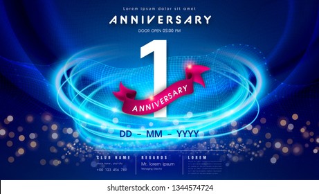 1 years anniversary logo template on dark blue Abstract futuristic space background. 1st modern technology design celebrating numbers with Hi-tech network digital technology concept design elements.