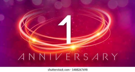 1 years anniversary logo template on purple Abstract futuristic space background. 1st modern technology design celebrating numbers with Hi-tech network digital technology concept design elements.