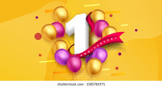 1 years anniversary logo template design on yellow background and balloons. 1st anniversary celebration background with red ribbon and balloons. Party poster or brochure template. Vector illustration.