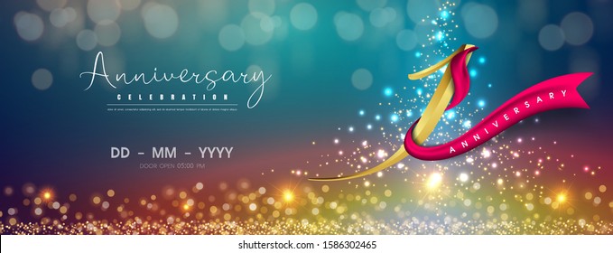 1 years anniversary logo template on gold and blue background. 1st celebrating golden numbers with red ribbon vector and confetti isolated design elements