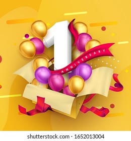 1 years anniversary logo template design on gift box, yellow background and balloons. 1st anniversary celebration background with red ribbon and balloons. gift box idea for anniversary invitation card