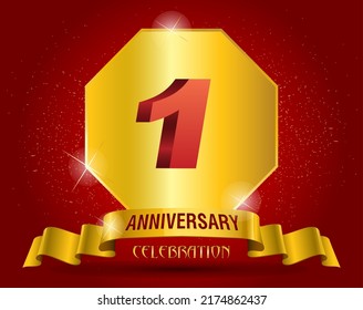 1 years anniversary logo template. Red numbers with golden ribbon.