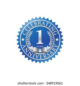 1 years anniversary silver blue badge logo
