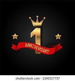 1 years  Anniversary simple design with golden font, star and crown and red ribbon. Red ribbon and golden text on top golden number. Gold stars are beside numbers. Golden Crown on top number