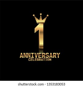 1 years anniversary simple design with golden font and crown with reflection golden number. Elegant, simple, and luxury design. Design with shadow or reflection under number