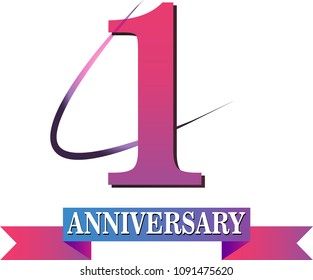 1 years anniversary vector banner template. one year with pink & purple ribbon on white background