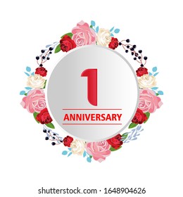 1 Years anniversary. Vector design greeting card with decorative floral circle for celebration