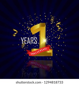 1 years anniversary Vector Template Design with golden color and silver ribbon isolated on blue sunburst background illustration for celebration event - Vector