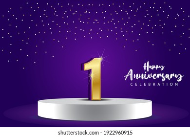 Ilustración de diseño de plantillas vectoriales de 1 año de aniversario. Números 3d azules con escenario de podio para celebración
