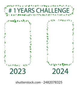 Marco de 1 Years Challenge. Diseño de borde de hoja de vid. Ilustración gráfica Vector.