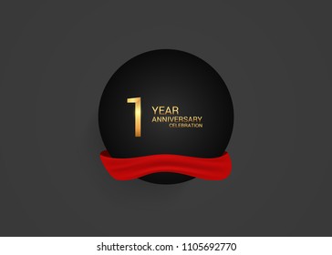 1 years gold anniversary design inside  black circle and red ribbon for celebration event