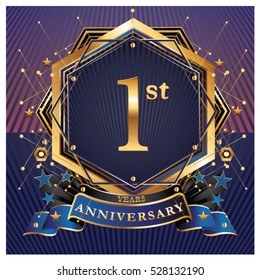 1 years golden anniversary logo celebration with ring and ribbon.