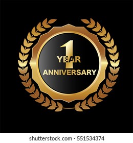 1 years golden anniversary logo celebration with laurel wreaths 
