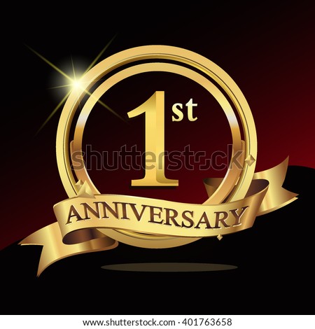 1 years golden anniversary logo celebration with ring and ribbon.