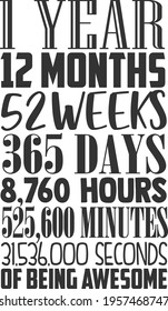 1 Years In Months Weeks Days Hours Minutes Seconds Of Being Awesome - Birthday design
