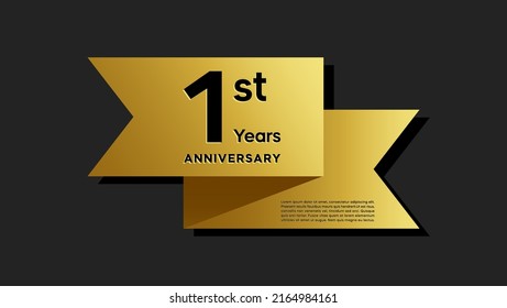 1 yeas anniversary logo with golden ribbon for booklet, leaflet, magazine, brochure poster, banner, web, invitation or greeting card. Vector illustrations.