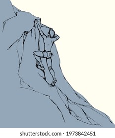 1 young risky action fit boy difficult move pink sky text space. Black drawn guy finger cling rope rise big mount hill wall ridge crag peak top. Close up free sea scenic sketch art line cartoon style