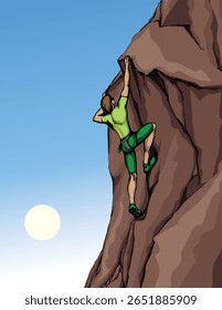 1 young risky action fit boy difficult move pink sky text space. Black drawn guy finger cling rope rise big mount hill wall ridge crag peak top. Close up free sea scenic sketch art line cartoon style