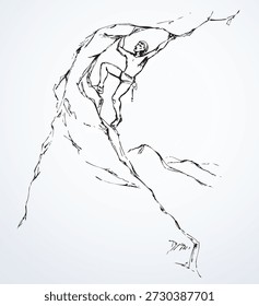 1 young risky action fit boy difficult grip effort move white sky text space. Black ink pen line drawn guy finger rope rise wild mount wall height ridge crag altitude. Close up free female body figure raise courage scene doodle outline contour style