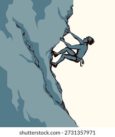 1 young risky action fit boy difficult grip effort move white sky text space. Black ink pen line drawn guy finger rope rise wild mount wall height ridge crag altitude. Close up free female body figure raise courage scene doodle outline contour style