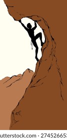 1 young risky action fit boy difficult grip effort move white sky text space. Black ink pen line drawn guy finger rope rise wild mount wall height ridge crag altitude. Close up free female body figure raise courage scene doodle outline contour style